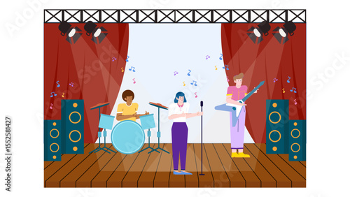 Band on stage with drummer, guitarist, and singer. Perfect for music events, concerts, band promotions, and live performances marketing materials.