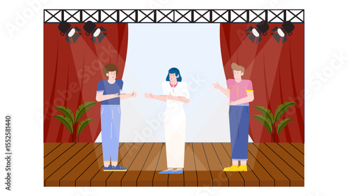 Three actors rehearse on stage, depicting theater rehearsal or drama performance themes. Suitable for theater promotion materials or entertainment concepts.