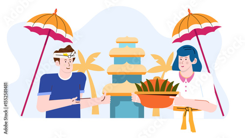 Balinese devotees giving offerings at a temple in a traditional ceremony. Suitable for travel websites, cultural blogs, and ethnic diversity concepts.