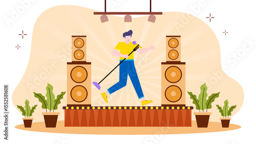Man energetically performs on stage with speakers and potted plants, perfect for music festival, concert or entertainment event concepts.