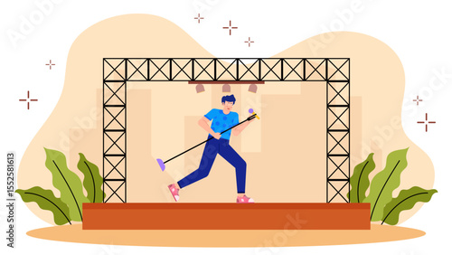 Man singing outdoors on a stage with a microphone. Suitable for promotional materials, music websites, concert promotions, and entertainment content.