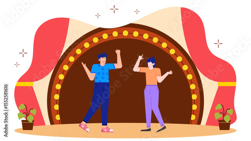 Two happy individuals dancing on a charming stage with vibrant red curtains, ideal for promoting joyous performances and theatrical events.