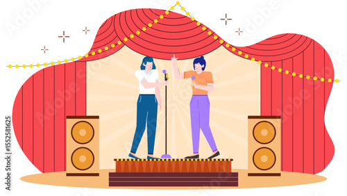 Two women performing karaoke on stage with speakers for entertainment, music, nightlife, party, event, performance, singers, friends, summer.