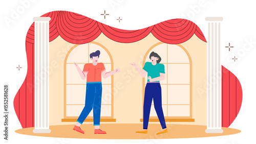 Two people in heated argument inside a grand room with red curtains. Suitable for conflict, debate, discourse, or interpersonal communication concepts.