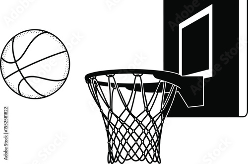 Basketball ball flying toward hoop, backboard net illustration in black and white vector style, sports silhouette graphic for athletic concept, fitness design, game icon