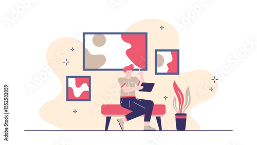 Man using a tablet near abstract art, suitable for technology blogs, modern art websites, digital communication concepts, contemporary office settings.