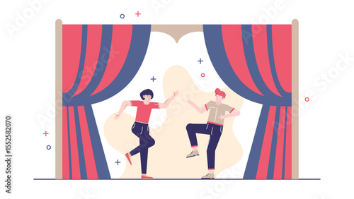 Two dancers joyfully perform behind a stage curtain. Suitable for dance performance promotions or event posters seeking dynamic imagery.