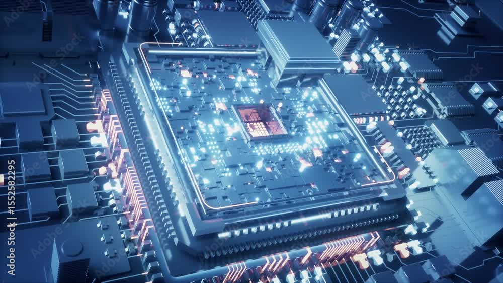 AI chip connected to the motherboard, activating the circuit board. Using cloud computing to process big data to ensure the operation of the city, AI brain neural network, computer room calculation,3D