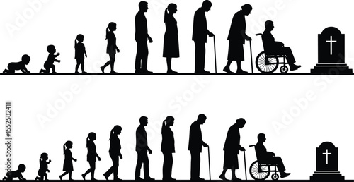 Silhouette life stages from birth to death, human aging concept, childhood to old age, life cycle journey, time passage, aging process, human development