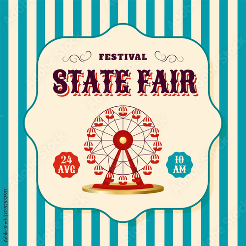 Festval State fair flyer with ferris wheel and bold vintage font, perfect for carnival, amusement park or festival ads. Vector illustration
