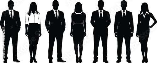 Silhouettes of professional business men and women standing confidently in formal attire, teamwork, leadership, office staff, career people, corporate success, human resources