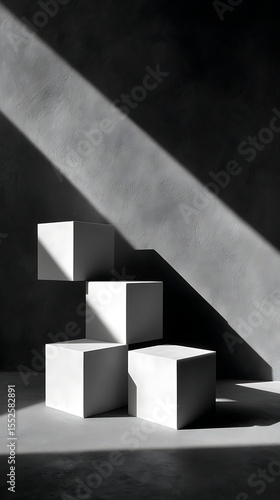 White Cubes Stacked in Sunlight Against a Grey Textured Wall, Abstract Modern Minimalism