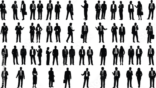 Diverse group of business professionals silhouettes in formal attire, men and women in various standing poses, teamwork, leadership, corporate concept, professional design