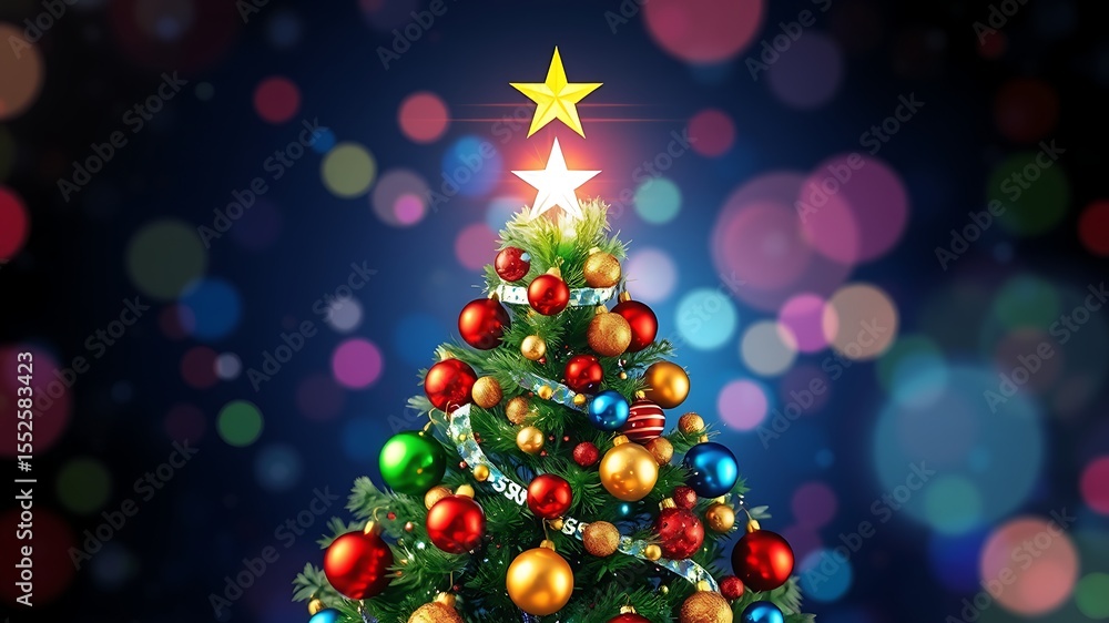 Decorated christmas tree with ornaments and bokeh lights on a festive dark background Decorated christmas tree with ornaments and bokeh lights on a festive dark background