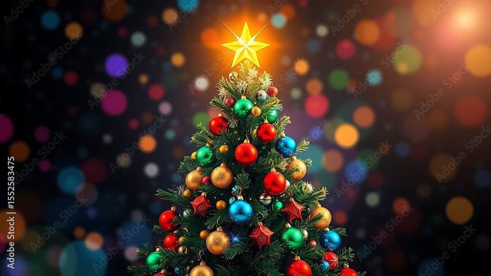 Decorated christmas tree with star topper against a festive colorful bokeh background Decorated christmas tree with star topper against a festive colorful bokeh background