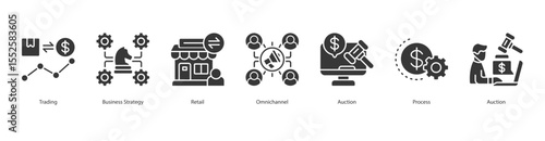 Commerce Strategy banner web icon set vector illustration concept with icon of Trading, Business Strategy, Retail, Omnichannel, Auction, Process, Auction