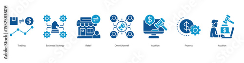 Commerce Strategy banner web icon set vector illustration concept with icon of Trading, Business Strategy, Retail, Omnichannel, Auction, Process, Auction