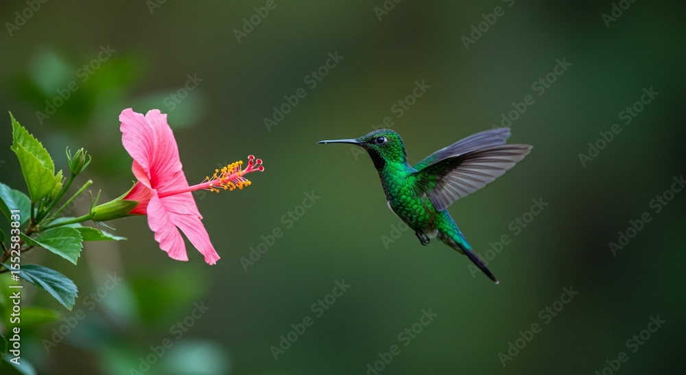 Naklejka premium Hummingbird at hibiscus flower