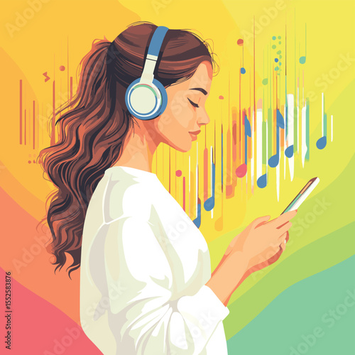 Woman listening to music app with colorful sound waves on a colorful background. Flat graphic style. Concept of music streaming. Vector illustration, vector style simple color