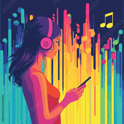 Woman listening to music app with colorful sound waves on a colorful background. Flat graphic style. Concept of music streaming. Vector illustration, vector style simple color