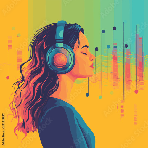 Woman listening to music app with colorful sound waves on a colorful background. Flat graphic style. Concept of music streaming. Vector illustration, vector style simple color