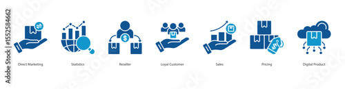 Digital Sales icon set collection concept with icon of direct marketing, statistics, reseller, loyal customer, sales, pricing, digital product