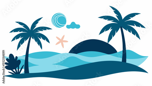 Flat Silhouette Beach Scene with Palm Trees