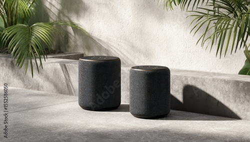 Two modern, dark gray speakers stand on a light gray concrete patio, beside tropical plants