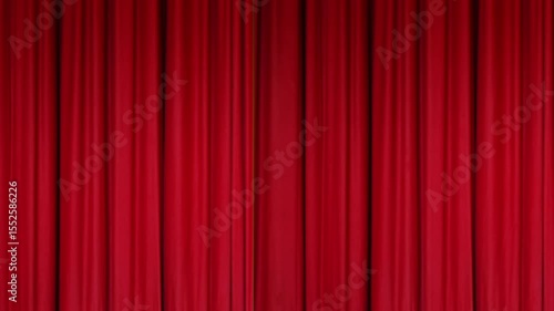 Elegant red curtain opening to reveal a green screen background. Luxurious fabric movement creating cinematic effect. Perfect for transitions, video intros, theater, or stage performance mockups.