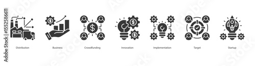 Startup Launch banner web icon set vector illustration concept with icon of Distribution, Business, Crowdfunding, Innovation, Implementation, Target, Startup