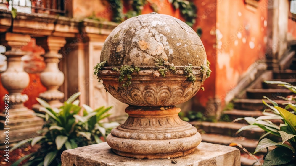 Fototapeta premium Ancient Ornate Orb on Weathered Stone Pedestal in Lush Greenery
