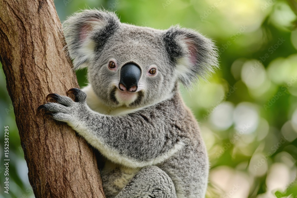Naklejka premium Koala Face. Alone Koala on Tree Branch with Australian Background