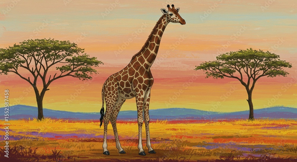 Obraz premium Giraffe in savanna landscape illustration