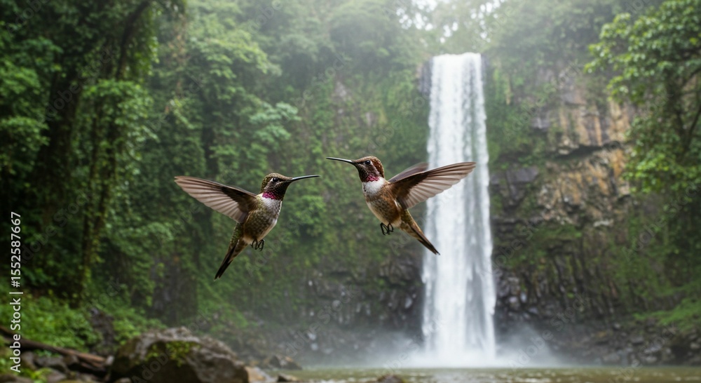 Hummingbirds in flight near waterfall Hummingbirds in flight near waterfall