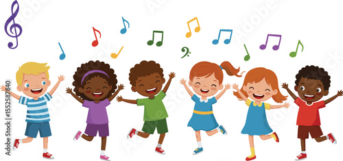 Happy diverse children dancing with musical notes, cartoon style illustration, kids enjoying music, celebration scene, fun movement, joyful moment, colorful vector