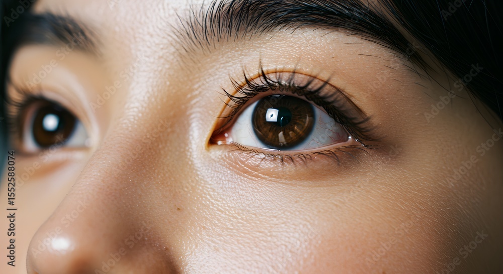 Naklejka premium Close up macro shot of a young woman s beautiful brown eye and eyelashes