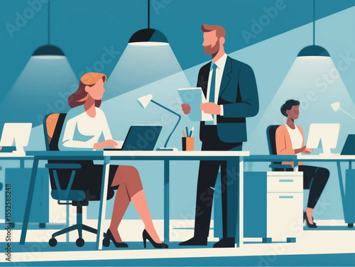 Business office concept, vector cartoon illustration, business people collaborate with each other, daily work and office scenes, men and women wearing suits holding meetings to discuss problems, and c