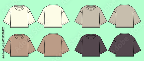 Drop shoulder crop t-shirt flat sketch for women and girls.