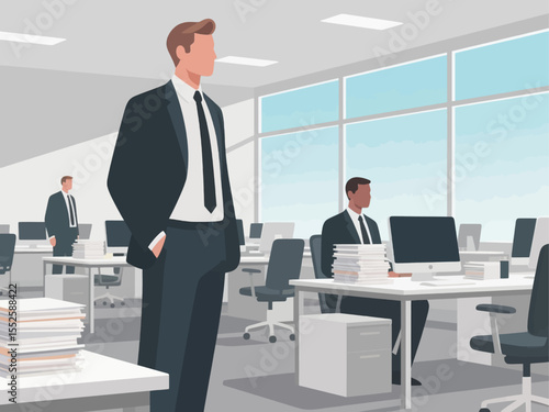 Business office concept, vector cartoon illustration, business people collaborate with each other, daily work and office scenes, men and women wearing suits holding meetings to discuss problems, and c