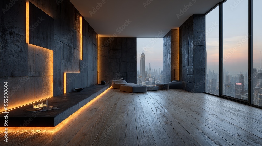 Minimalist room with light wood floors and black wall panels illuminated by warm white LED lights, creating a serene and modern home interior design atmosphere with clean lines and soft lighting. Minimalist room with light wood floors and black wall panels illuminated by warm white LED lights, creating a serene and modern home interior design atmosphere with clean lines and soft lighting.