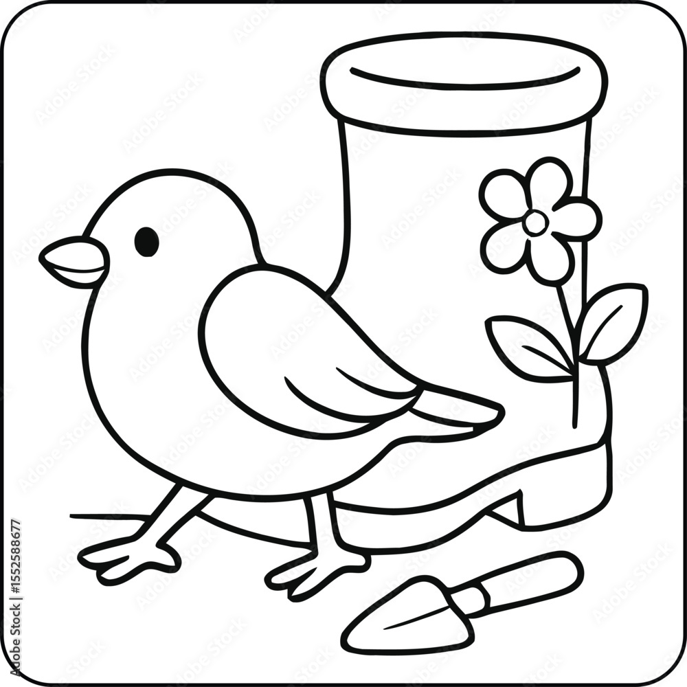 Garden Bird with Boot Coloring Page Garden Bird with Boot Coloring Page