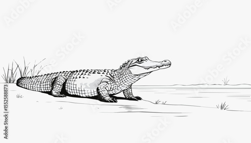 Crocodilian basking under the sun by the serene waterside during a warm summer afternoon in a tranquil natural habitat