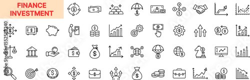 Finance Investment Line Icon Design Featuring Growth Charts, Coins, Dollar Signs, Piggy Banks, Stocks, Portfolio Briefcases, Gold Bars, Umbrella Funds, and Financial Planning Tools