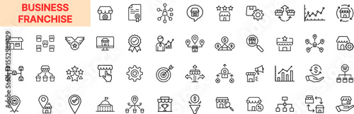 Business Franchise Line Icon Design Featuring Branch Networks, Award Medals, Market Analysis, Store Locations, Charts, Team Structures, Customer Reviews, Sales Strategy, Gears, and Growth Arrows