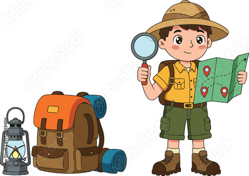 Young boy explorer cartoon character holding map and magnifying glass, outdoor camping gear with backpack, lantern, adventure theme, travel illustration, educational vector