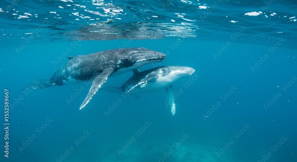 Fototapeta premium Humpback whale mother and calf underwater