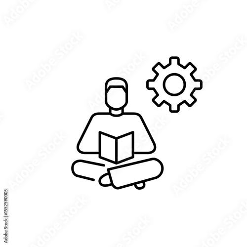 Man reading book and cogwheel. Learning management, personalized education settings, study optimization, knowledge system configuration, user-driven training. Pixel perfect, editable stroke vector ico