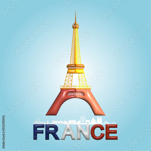 Travel eiffel tower in Paris landmark symbol and icon of France. Beautiful and famous building architecture in europe, Tour Eiffel tower 3d render illustration. Travel landmark of world in French.