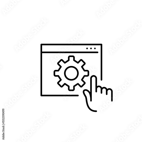 Cogwheel on web page and finger click. Interactive settings, user interface customization, on-demand configuration, clickable system controls, real-time preferences adjustment. Pixel perfect, editable