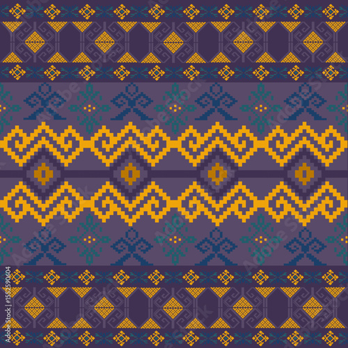 Traditional Ukrainian cross-stitch Detailed vector Illustration for textile printing design, on pixels bule tones